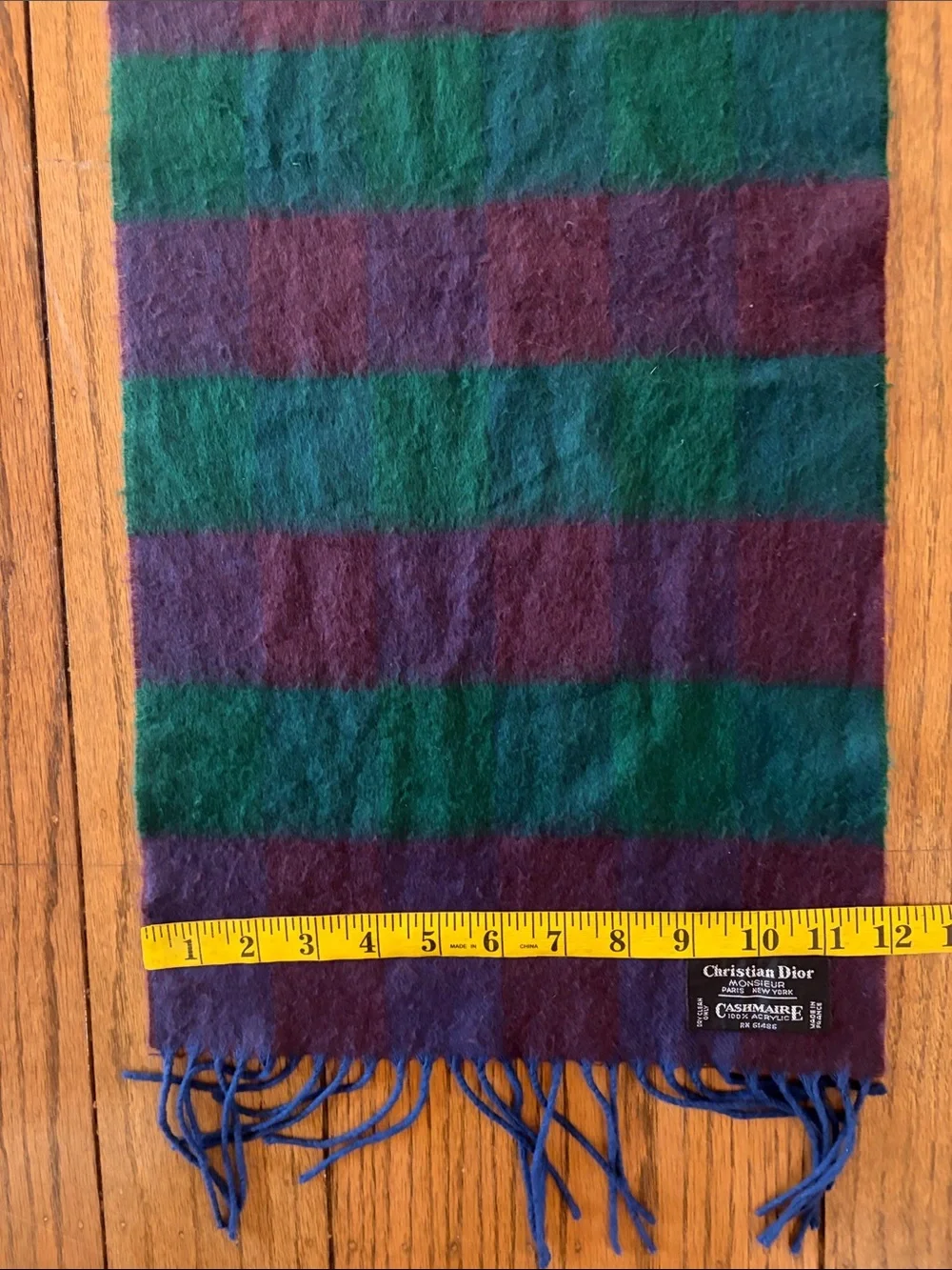 Christian Dior Plaid Fringe Scarf in Green, Blue & Purple Made in France